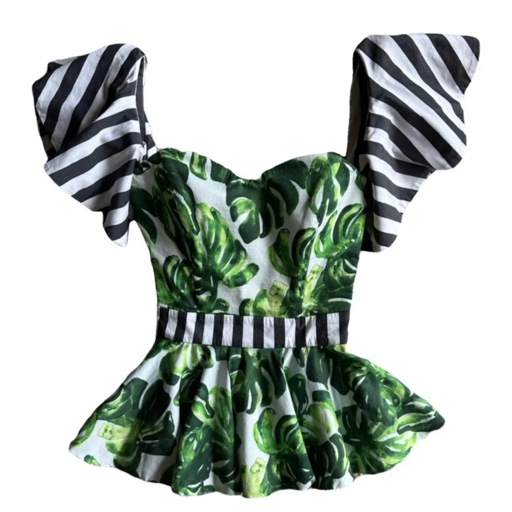 Caroline Constas Palm Leaf Off The Shoulder Peplum Blouse